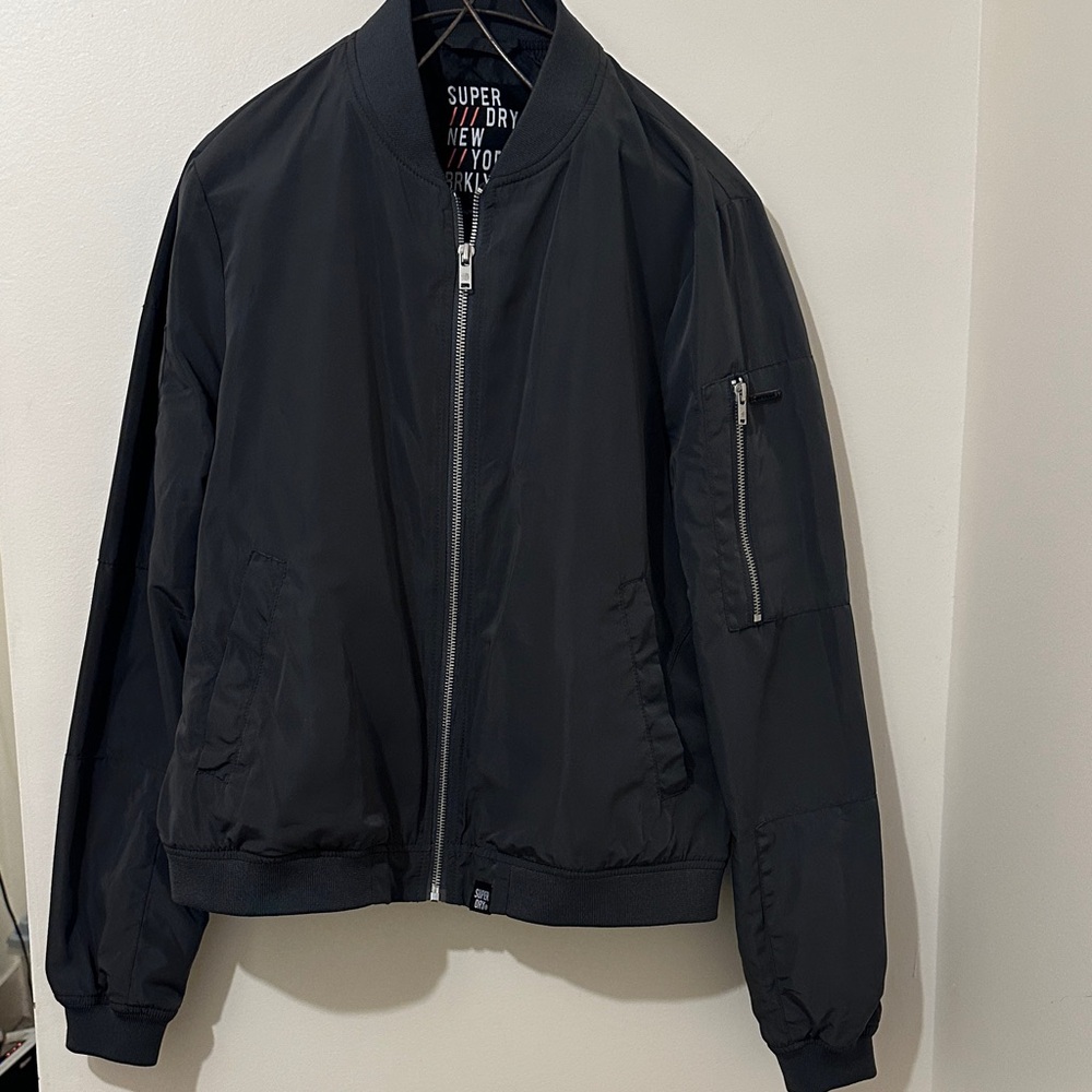 Superdry Men's Charcoal Grey Bomber Jacket with Zip Sleeve Pocket